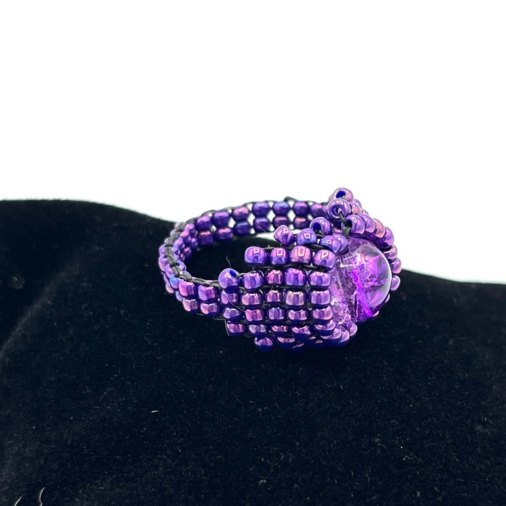 HAND CRAFTED Purple Beaded Ring